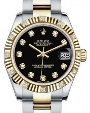 Rolex Datejust 31 Lady Midsize Yellow Gold/Steel Black Diamond Dial & Diamond Set Fluted Bezel Oyster Bracelet 178313