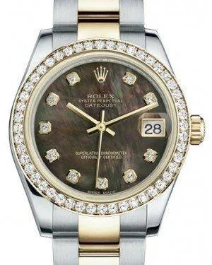 Rolex Datejust 31 Lady Midsize Yellow Gold/Steel Black Mother of Pearl Diamond Dial & Diamond Bezel Oyster Bracelet 178383