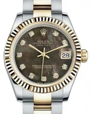 Rolex Datejust 31 Lady Midsize Yellow Gold/Steel Black Mother of Pearl Diamond Dial & Fluted Bezel Oyster Bracelet 178273