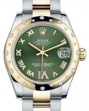Rolex Datejust 31 Lady Midsize Yellow Gold/Steel Olive Green Roman Diamond VI Dial & Diamond Set Domed Bezel Oyster Bracelet 178343