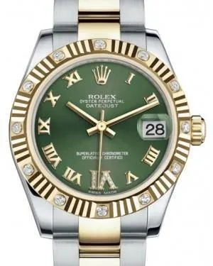 Rolex Datejust 31 Lady Midsize Yellow Gold/Steel Olive Green Roman Diamond VI Dial & Diamond Set Fluted Bezel Oyster Bracelet 178313