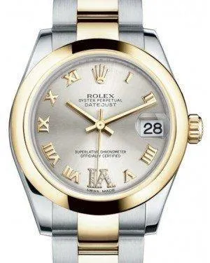Rolex Datejust 31 Lady Midsize Yellow Gold/Steel Silver Roman Diamond VI Dial & Smooth Domed Bezel Oyster Bracelet 178243 - NEW