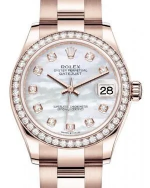 Rolex Datejust 31MM Lady Midsize Rose Gold White Mother of Pearl Diamond Dial & Diamond Bezel Oyster Bracelet 278285RBR - NEW