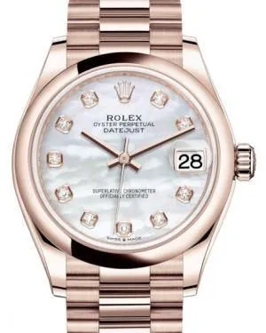 Rolex Datejust 31MM Lady Midsize Rose Gold White Mother of Pearl Diamond Dial & Smooth Domed Bezel President Bracelet 278245 - NEW