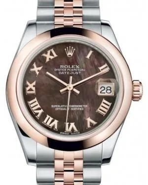 Rolex Datejust 31MM Lady Midsize Rose Gold/Steel Black Mother of Pearl Roman Dial & Smooth Domed Bezel Jubilee Bracelet 178241 - NEW