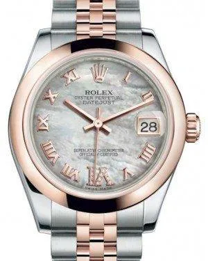 Rolex Datejust 31MM Lady Midsize Rose Gold/Steel White Mother of Pearl Roman Diamond VI Dial & Smooth Domed Bezel Jubilee Bracelet 178241 - NEW