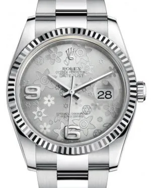 Rolex Datejust 36 White Gold/Steel Silver Floral Motif Arabic Dial & Fluted Bezel Oyster Bracelet 116234