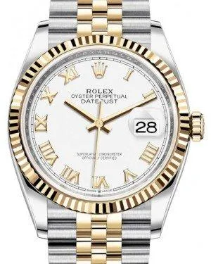Rolex Datejust 36mm White Roman Dial Fluted Bezel Jubilee Two Tone 126233