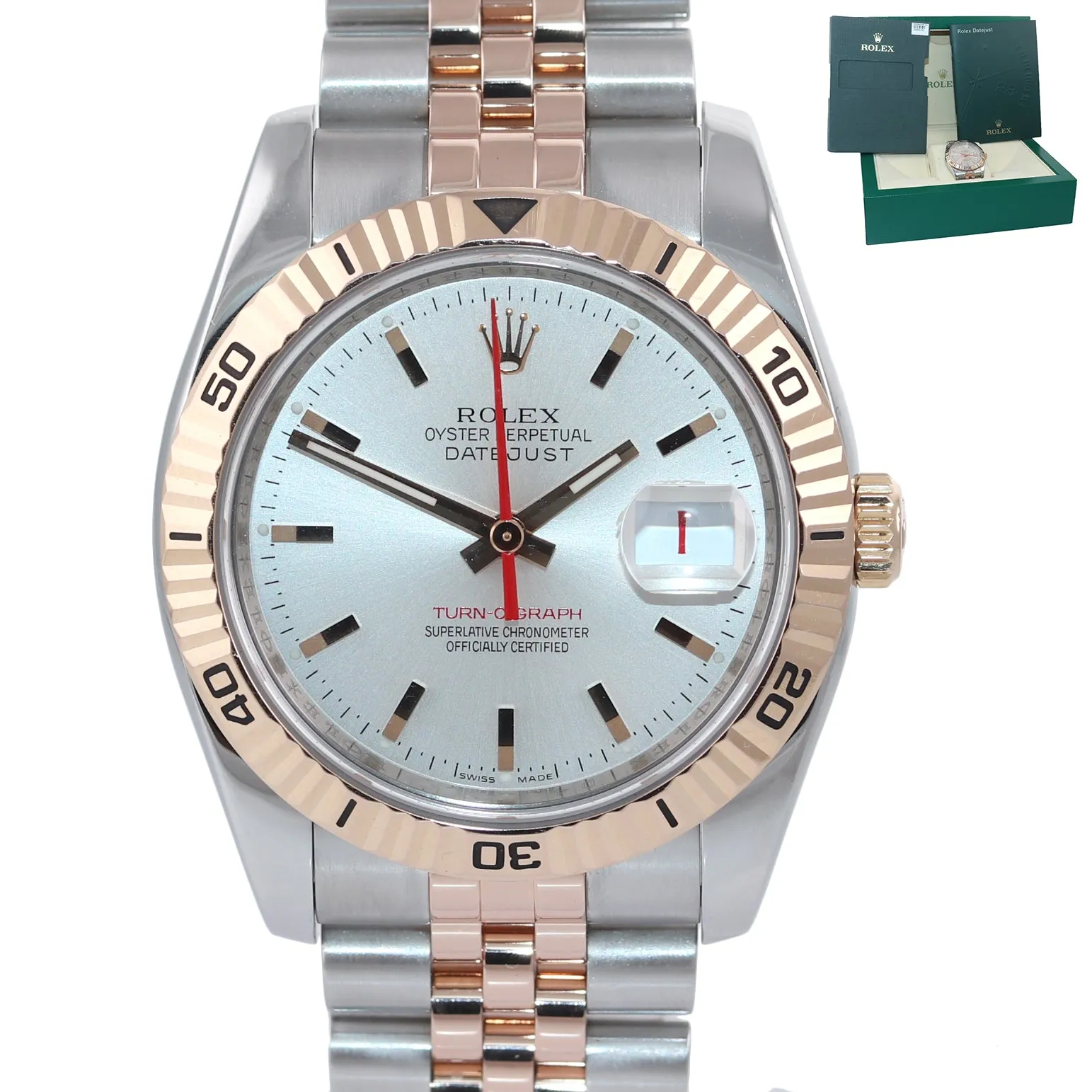 Rolex DateJust Turn-O-Graph 116261 Rose Gold Two Tone Silver 36mm Jubilee Watch