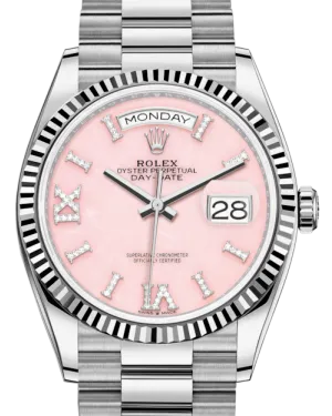 Rolex Day-Date 36 White Gold Pink Opal Diamond Dial & Fluted Bezel President Bracelet 128239