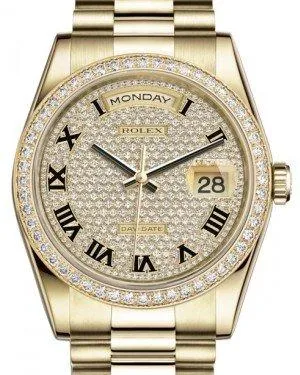 Rolex Day-Date 36 Yellow Gold Diamond Paved Roman Dial & Diamond Bezel President Bracelet 118348