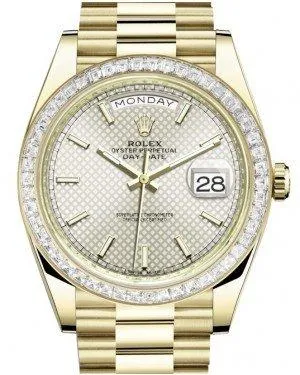 Rolex Day-Date 40 Yellow Gold Silver Motif Index Dial & Baguette Diamond Bezel President Bracelet 228398TBR