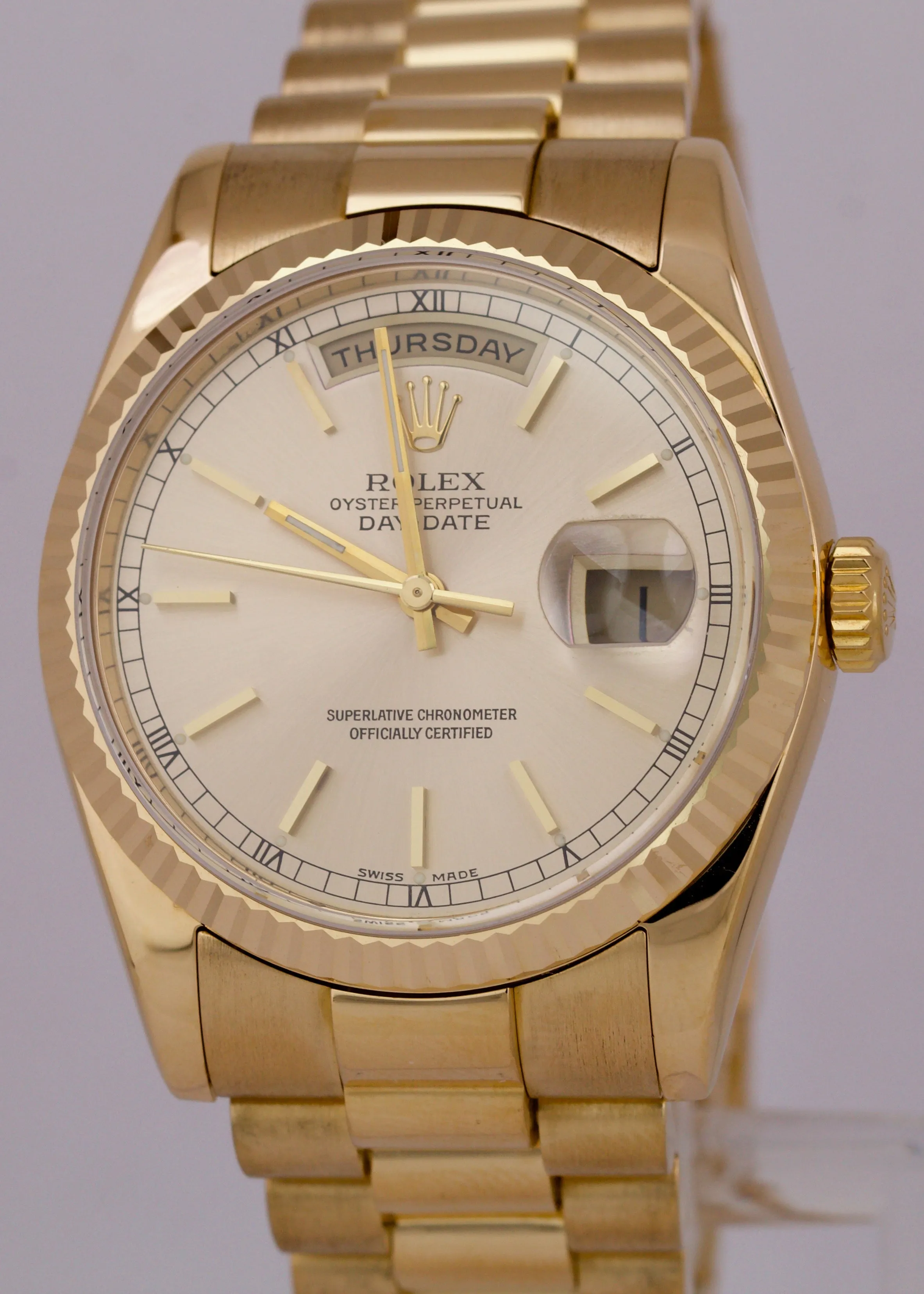 Rolex Day-Date President FAT BUCKLE Silver 18K Yellow Gold 36mm 118238 Watch
