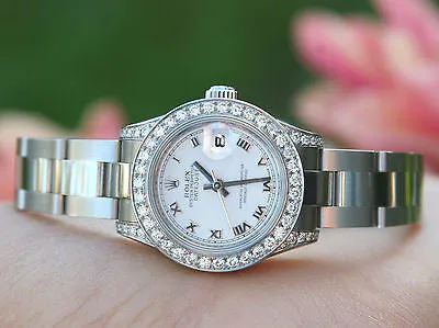 ROLEX LADIES 26mm DATEJUST 18K WHITE GOLD 1.5ct DIAMOND BEZEL LUGS ROMAN DIAL