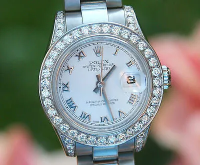 ROLEX LADIES 26mm DATEJUST 18K WHITE GOLD 1.5ct DIAMOND BEZEL LUGS ROMAN DIAL