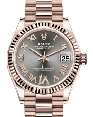 Rolex Lady-Datejust 31 Rose Gold Rhodium Roman Diamond VI Dial & Fluted Bezel President Bracelet 278275