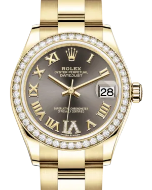 Rolex Lady-Datejust 31 Yellow Gold Dark Grey Roman Diamond VI Dial & Diamond Bezel Oyster Bracelet 278288RBR