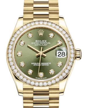 Rolex Lady-Datejust 31 Yellow Gold Olive Green Diamond Dial & Diamond Bezel President Bracelet 278288RBR