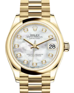 Rolex Lady-Datejust 31 Yellow Gold White Mother of Pearl Diamond Dial & Smooth Domed Bezel President Bracelet 278248