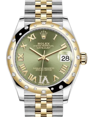 Rolex Lady-Datejust 31 Yellow Gold/Steel Olive Green Roman Diamond VI Dial & Domed Set with Diamonds Bezel Jubilee Bracelet 278343RBR