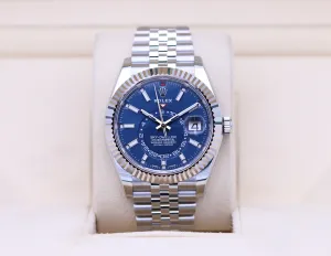 Rolex Sky-Dweller Stainless Steel Blue Index Dial Fluted White Gold Bezel Jubilee Bracelet 326934 - New