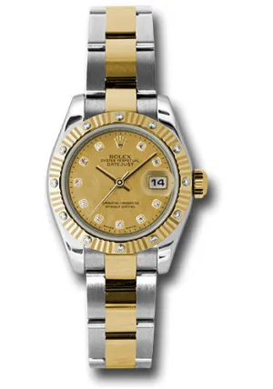 Rolex steel and gold datejust, 179313 chgdmdo, 26mm, oyster bracelet, champagne diamond dial, diamond fluted bezel.