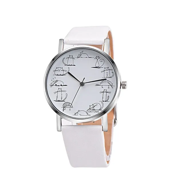 RUNER Relogio Feminino Retro style Lovely Cartoon Cat Leather Quartz Analog
