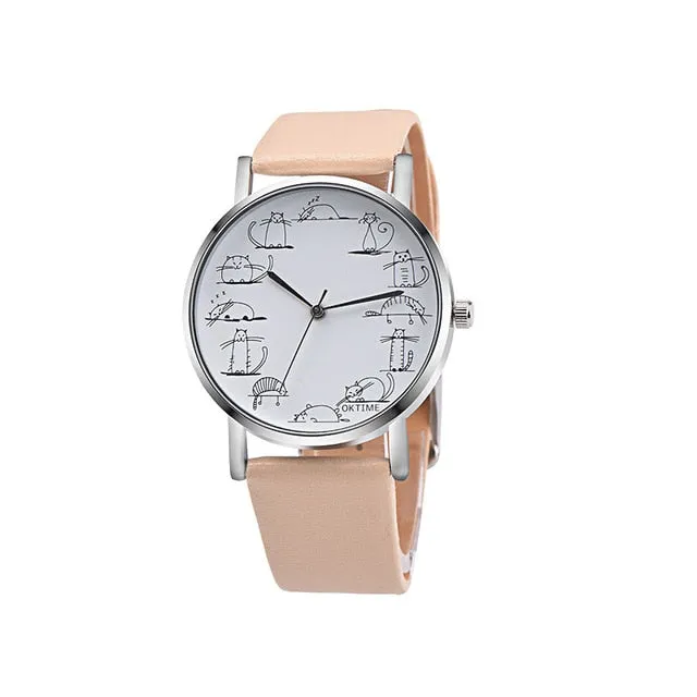 RUNER Relogio Feminino Retro style Lovely Cartoon Cat Leather Quartz Analog