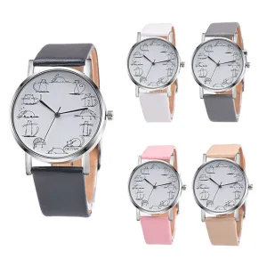 RUNER Relogio Feminino Retro style Lovely Cartoon Cat Leather Quartz Analog