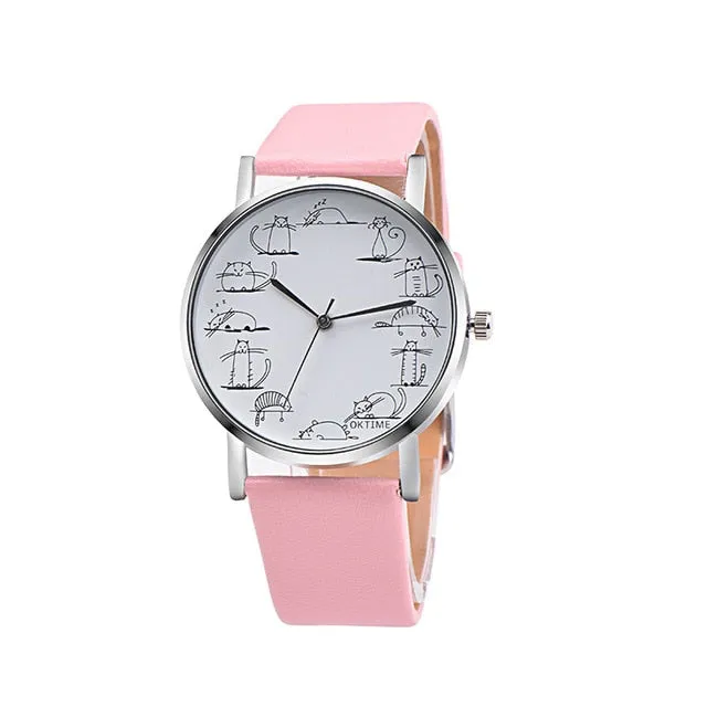 RUNER Relogio Feminino Retro style Lovely Cartoon Cat Leather Quartz Analog