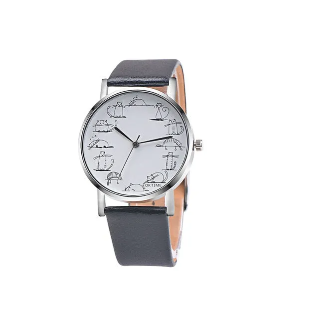 RUNER Relogio Feminino Retro style Lovely Cartoon Cat Leather Quartz Analog