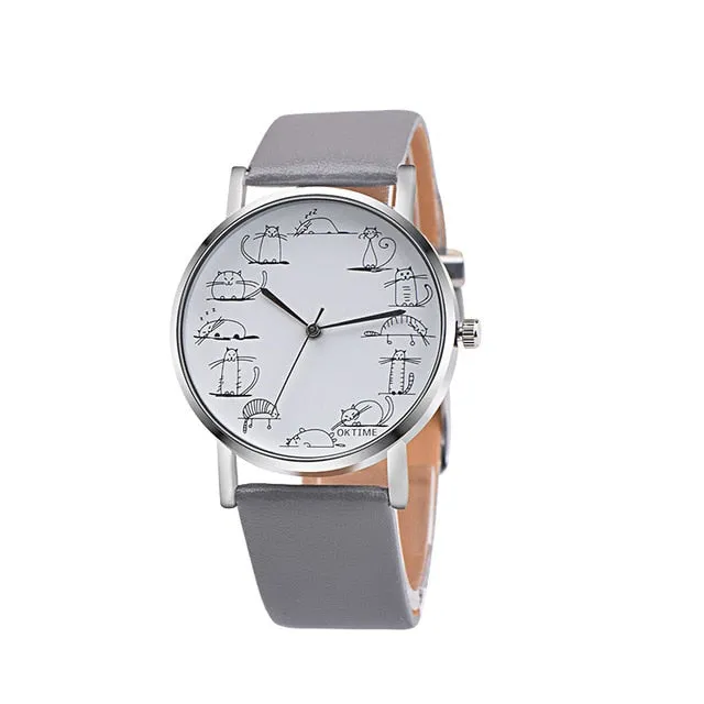 RUNER Relogio Feminino Retro style Lovely Cartoon Cat Leather Quartz Analog