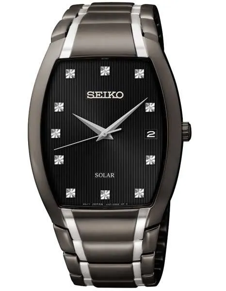 Seiko Mens Solar Diamond Dress Watch - Tonneau Case - Black Pinstripe Dial