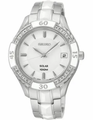 Seiko Solar Ladies Diamond Sport - White Ceramic - Stainless - White Dial - Date