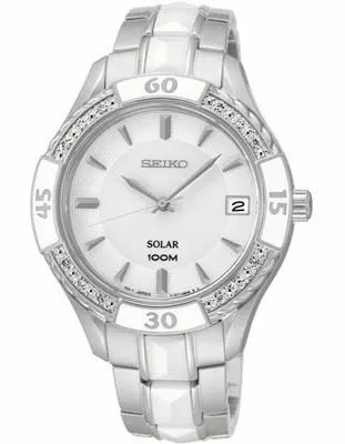 Seiko Solar Ladies Diamond Sport - White Ceramic - Stainless - White Dial - Date