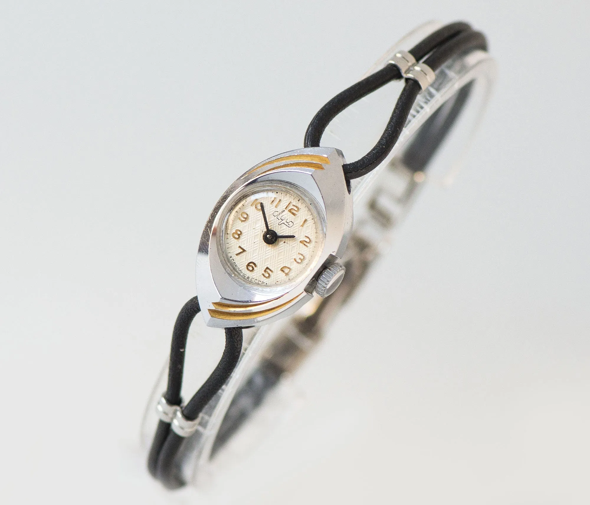 Silver eye watch for woman, Unique 50s lady watch Ray, Cocktail watch tiny, Gold plated cuts case, evening fashion watch, New leather band