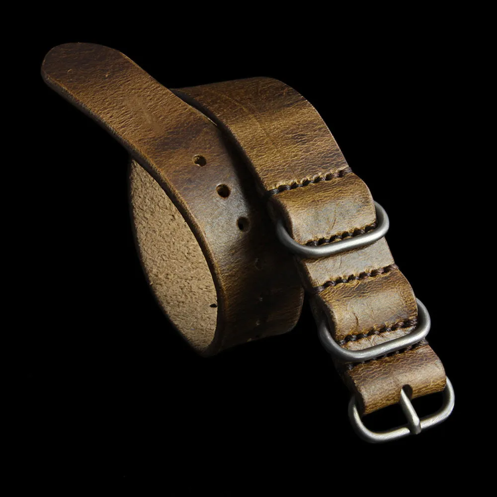 Single Pass Leather Watch Strap, 3-Ring Military 102