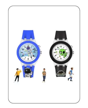 Spiky 3D Astronaut & Rabbit Cartoon Analog Light Watch Combo - Blue & Black