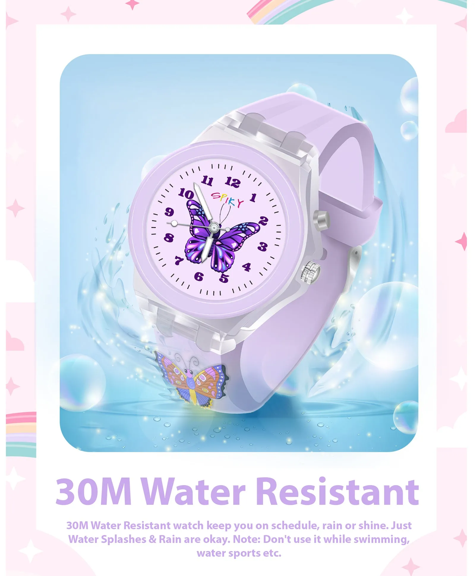 Spiky 3D Cartoon Butterfly Analog Light Watch for Kids & Girls - Purple