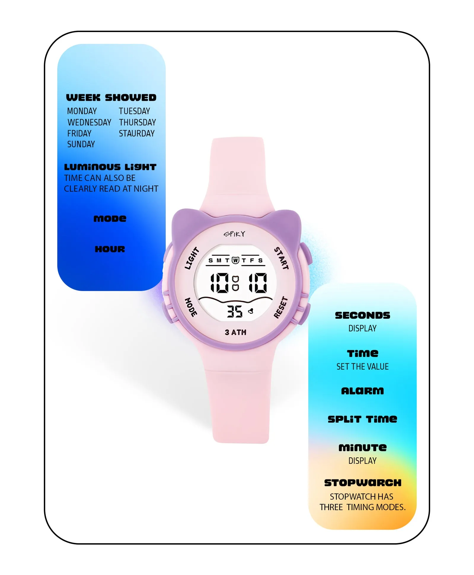 Spiky Eva12 Round Cat Shaped Sports Digital Watch - Pink