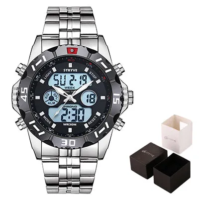 Stryve 8011 Relojes Brand Waterproof Military Sport Watches Men Stainless Steel Digital Quartz Dual Display Watch montre homme