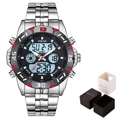 Stryve 8011 Relojes Brand Waterproof Military Sport Watches Men Stainless Steel Digital Quartz Dual Display Watch montre homme