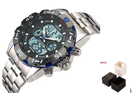 Stryve 8011 Relojes Brand Waterproof Military Sport Watches Men Stainless Steel Digital Quartz Dual Display Watch montre homme