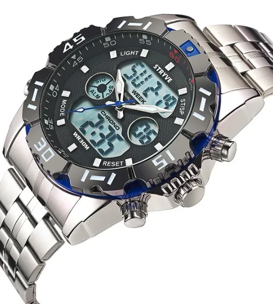 Stryve 8011 Relojes Brand Waterproof Military Sport Watches Men Stainless Steel Digital Quartz Dual Display Watch montre homme