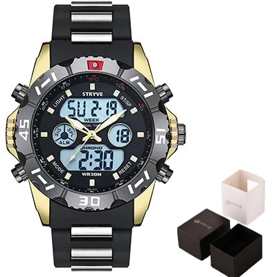 Stryve 8011 Relojes Brand Waterproof Military Sport Watches Men Stainless Steel Digital Quartz Dual Display Watch montre homme