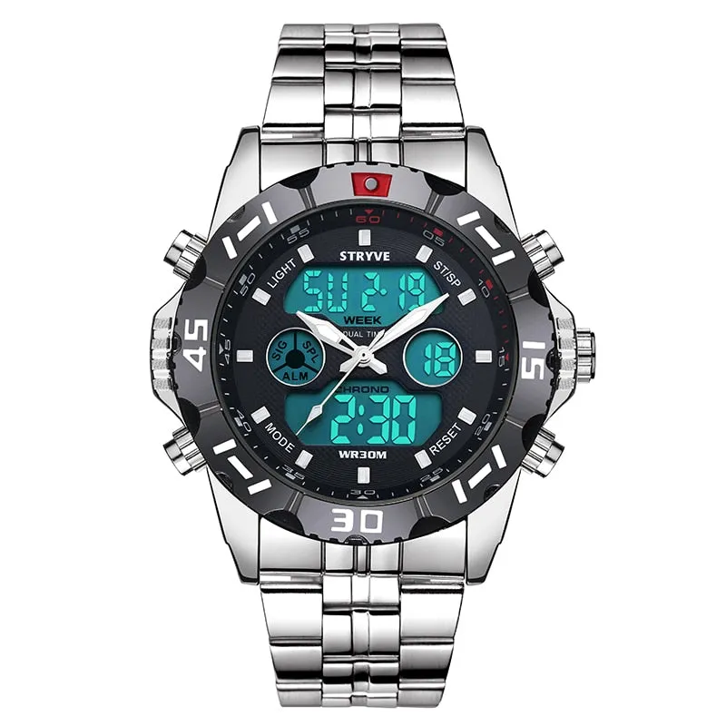 Stryve 8011 Relojes Brand Waterproof Military Sport Watches Men Stainless Steel Digital Quartz Dual Display Watch montre homme