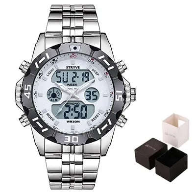 Stryve 8011 Relojes Brand Waterproof Military Sport Watches Men Stainless Steel Digital Quartz Dual Display Watch montre homme