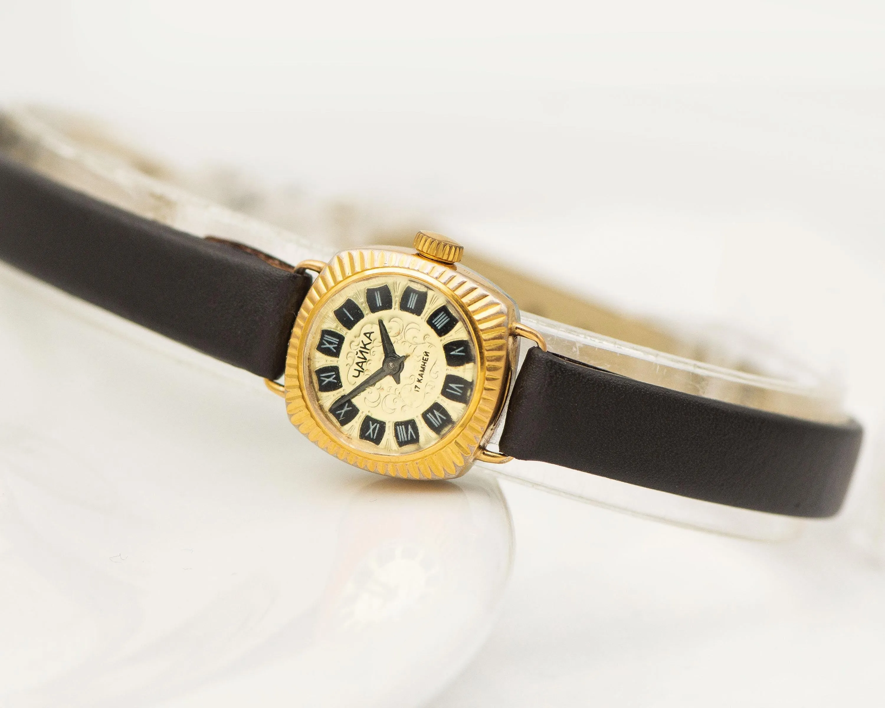 Sunburst case women wristwatch Seagull, gold plated dainty lady watch vintage, square watch tiny jewelry gift, new premium leather strap