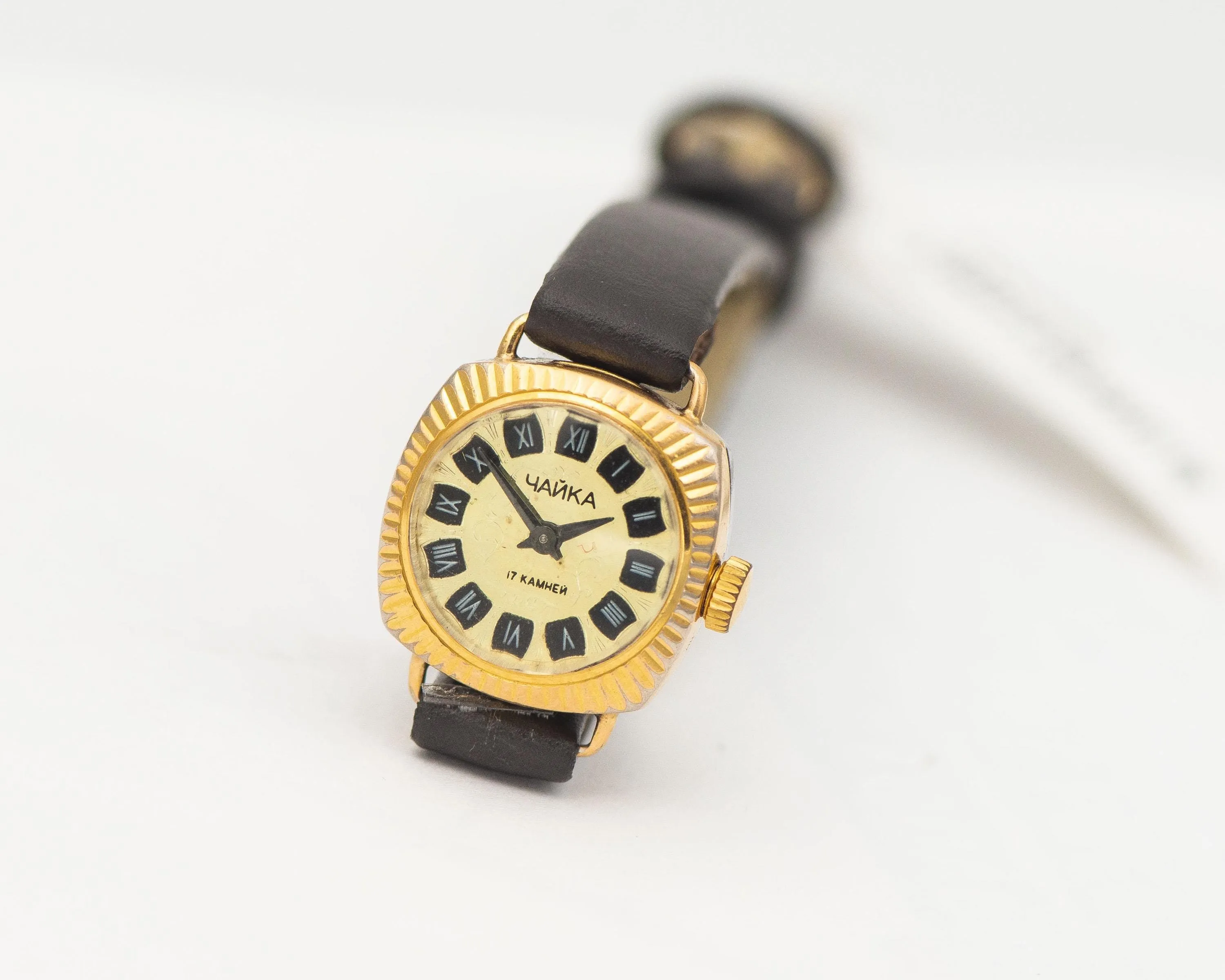 Sunburst case women wristwatch Seagull, gold plated dainty lady watch vintage, square watch tiny jewelry gift, new premium leather strap