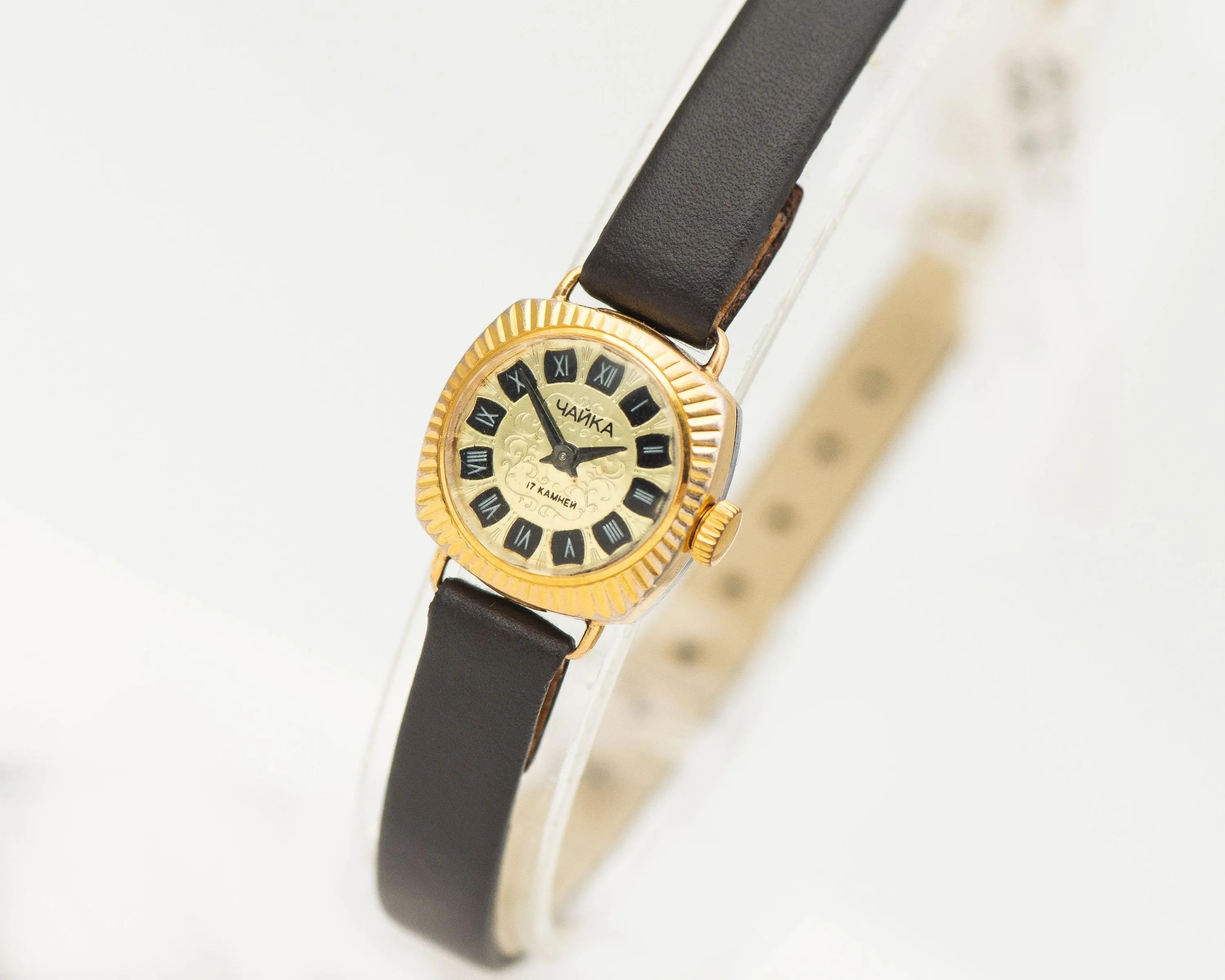 Sunburst case women wristwatch Seagull, gold plated dainty lady watch vintage, square watch tiny jewelry gift, new premium leather strap